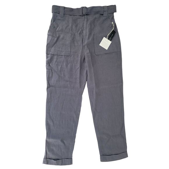 Tahari Luxe Linen Women's Cargo Pants Gray‎ Elastic Waist Belted Pockets Size M - Picture 1 of 5